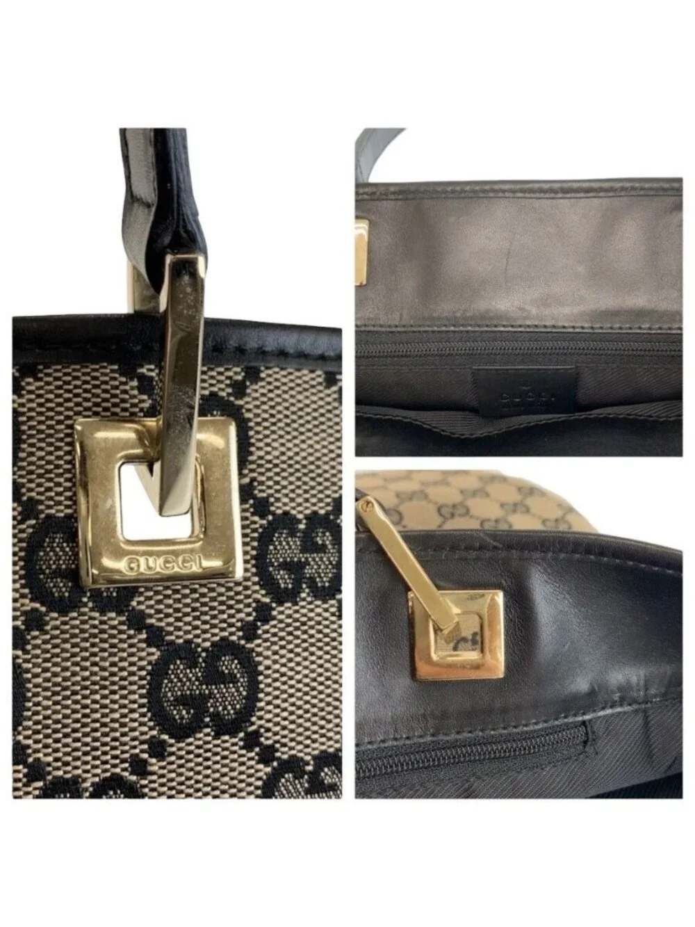 Gucci Black Gold GG Canvas Leather 002 Tote Shoulder